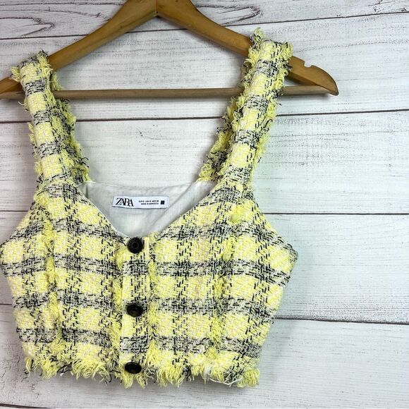 Zara Yellow Tweed Crop Tank Top Size Small Preppy - Picture 4 of 9